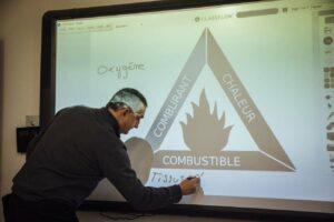 Un homme donne un cours sur le rapport comburant/chaleur et combustible